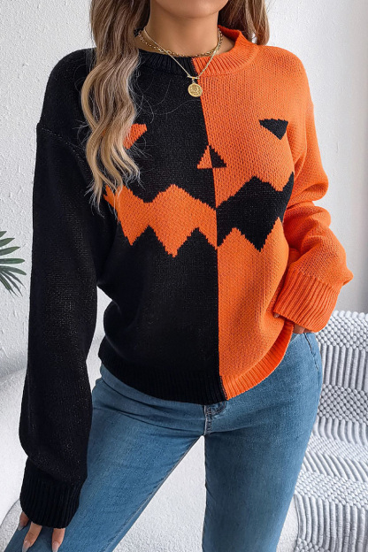 Women Halloween Ghost Pumpkin Contrast Long Sleeve Pullover Sweater