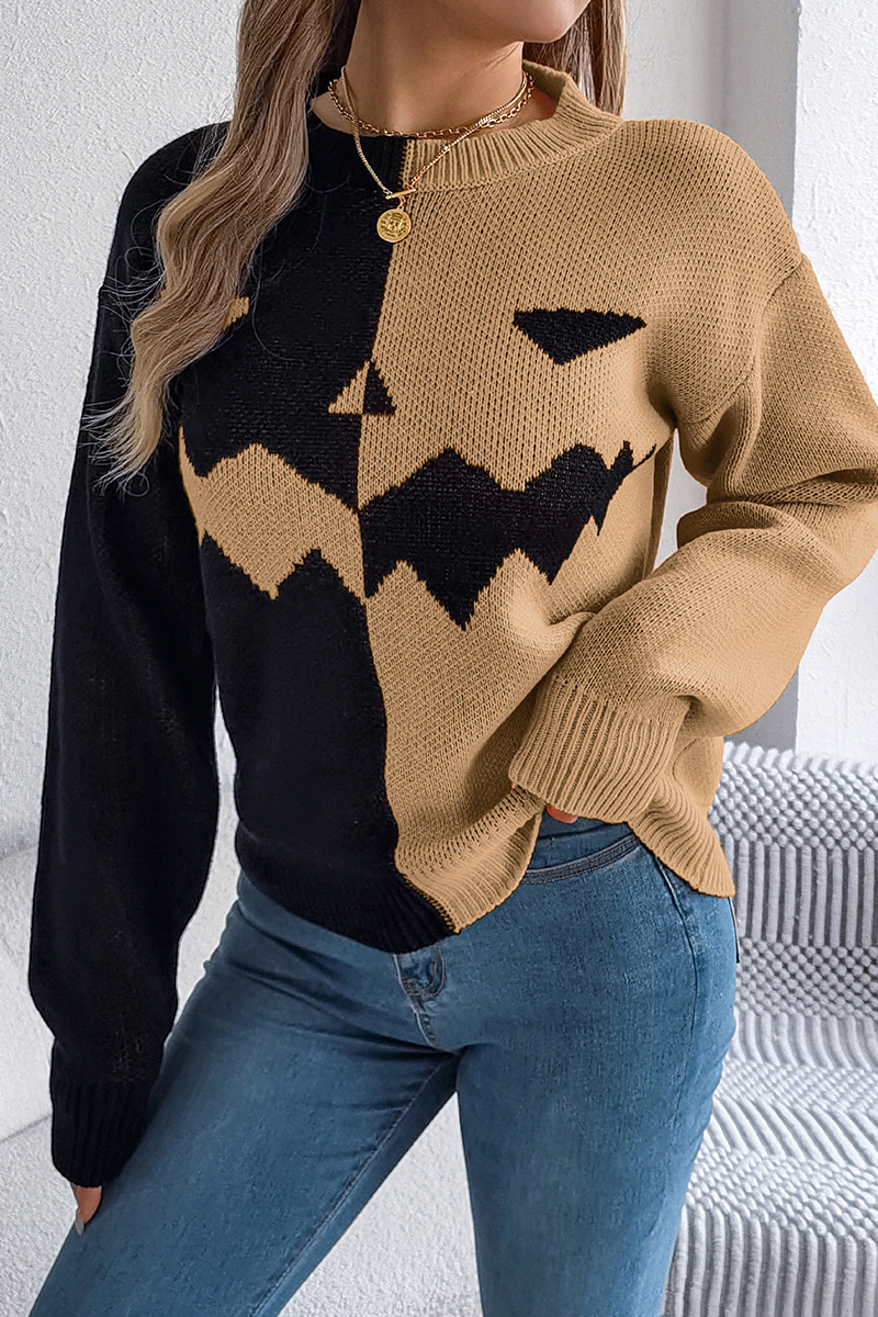 Women Halloween Ghost Pumpkin Contrast Long Sleeve Pullover Sweater