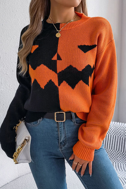 Women Halloween Ghost Pumpkin Contrast Long Sleeve Pullover Sweater