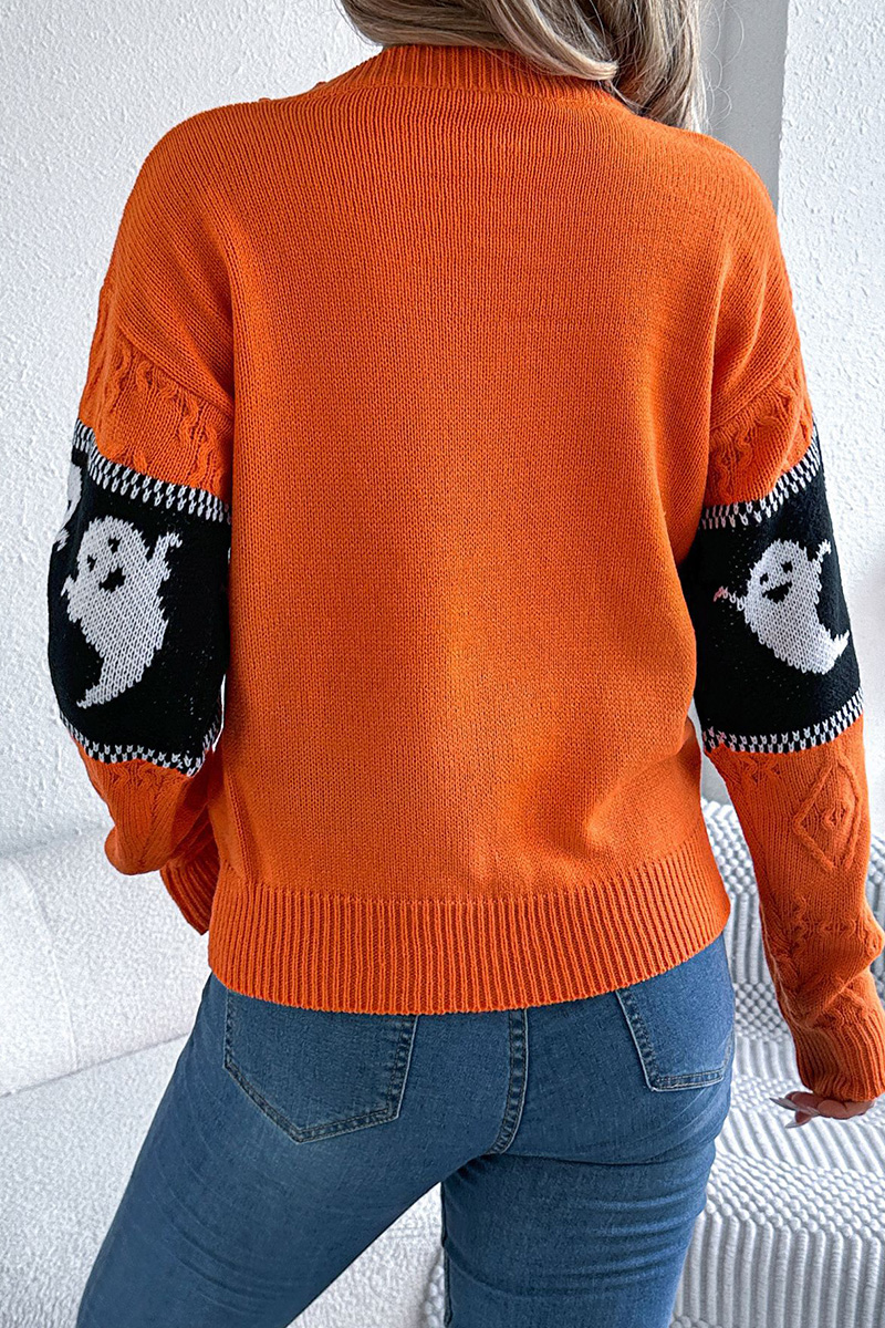 Women Halloween Ghost Pumpkin Contrast Long Sleeve Pullover Sweater