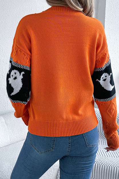 Women Halloween Ghost Pumpkin Contrast Long Sleeve Pullover Sweater