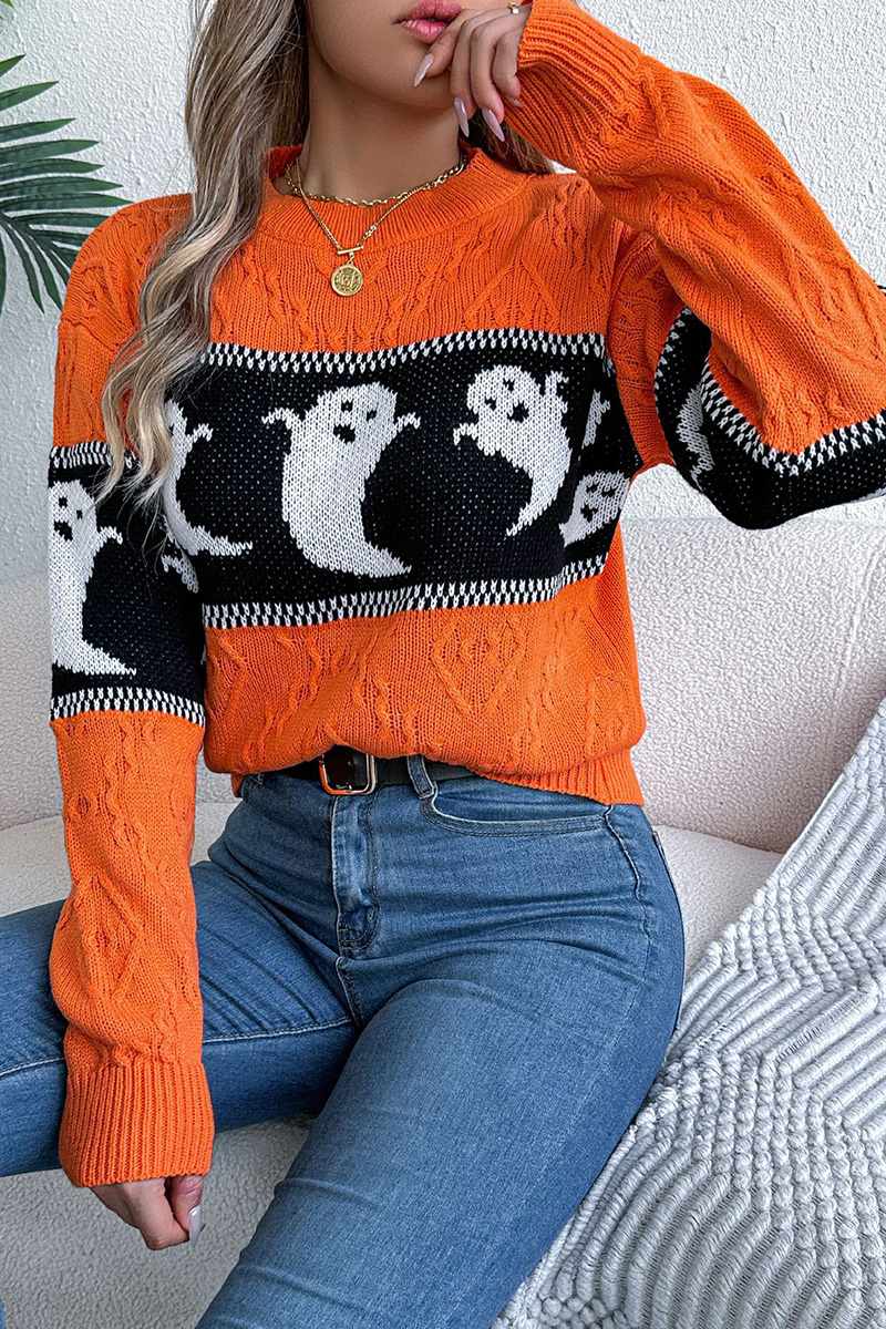 Women Halloween Ghost Pumpkin Contrast Long Sleeve Pullover Sweater