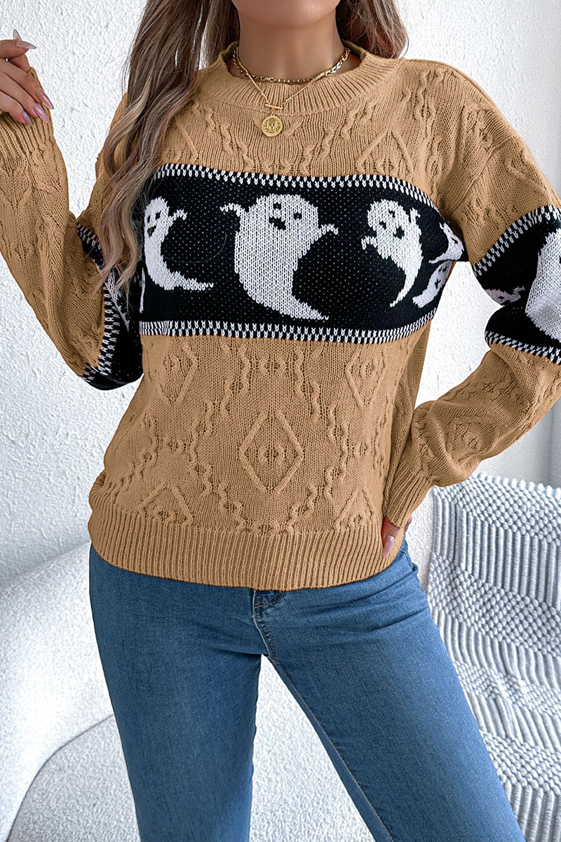 Women Halloween Ghost Pumpkin Contrast Long Sleeve Pullover Sweater