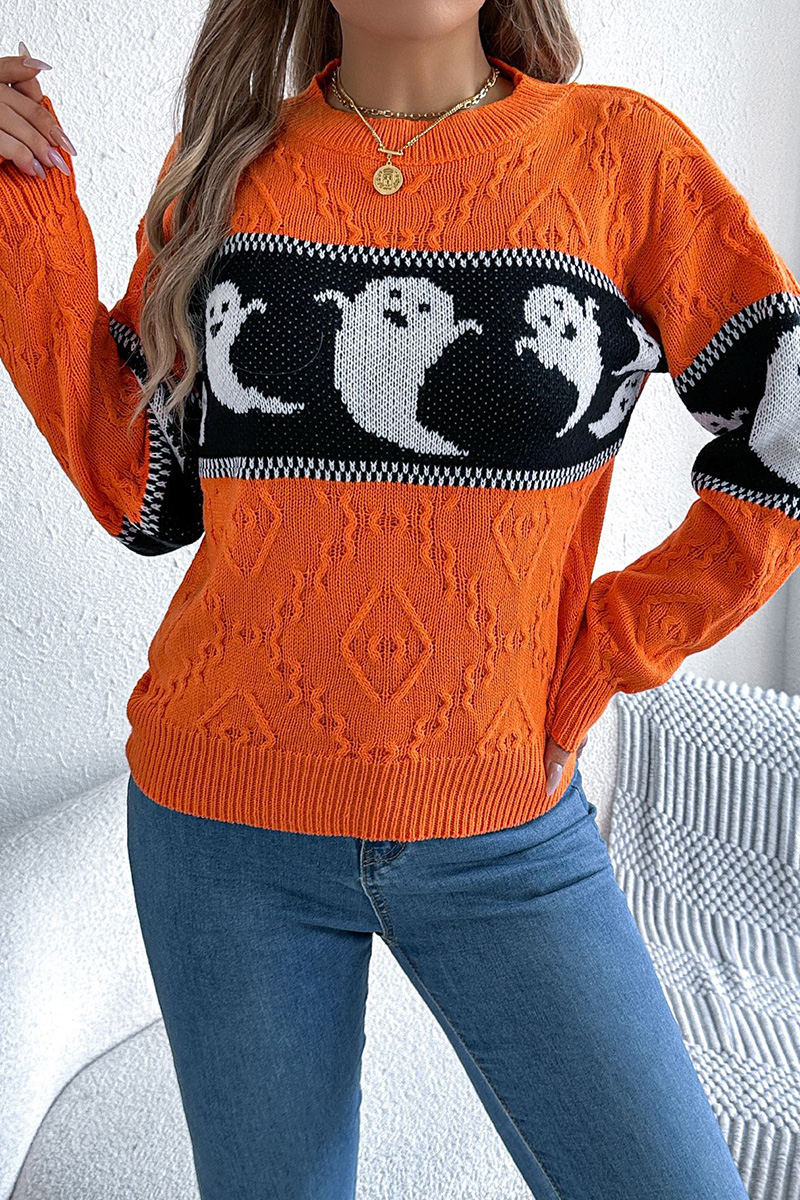 Women Halloween Ghost Pumpkin Contrast Long Sleeve Pullover Sweater