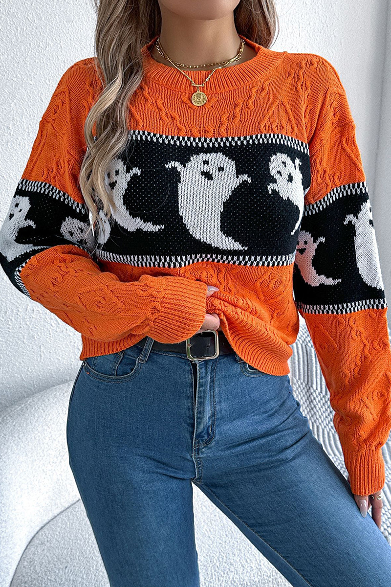 Women Halloween Ghost Pumpkin Contrast Long Sleeve Pullover Sweater