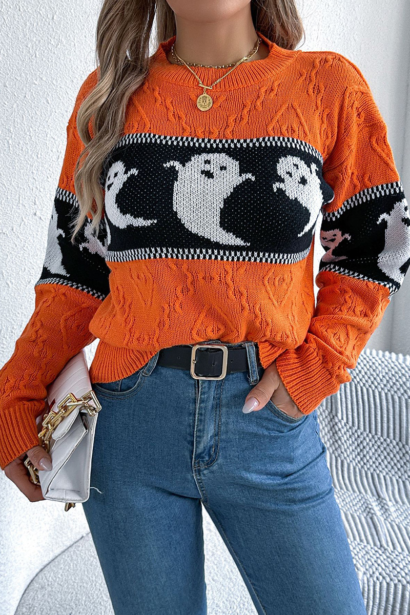 Women Halloween Ghost Pumpkin Contrast Long Sleeve Pullover Sweater