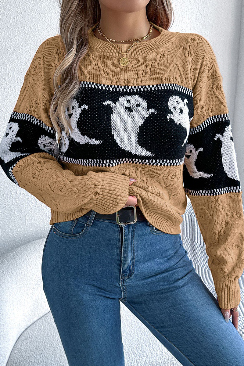 Women Halloween Ghost Pumpkin Contrast Long Sleeve Pullover Sweater