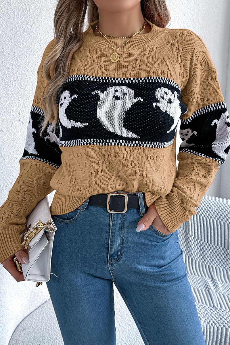Women Halloween Ghost Pumpkin Contrast Long Sleeve Pullover Sweater