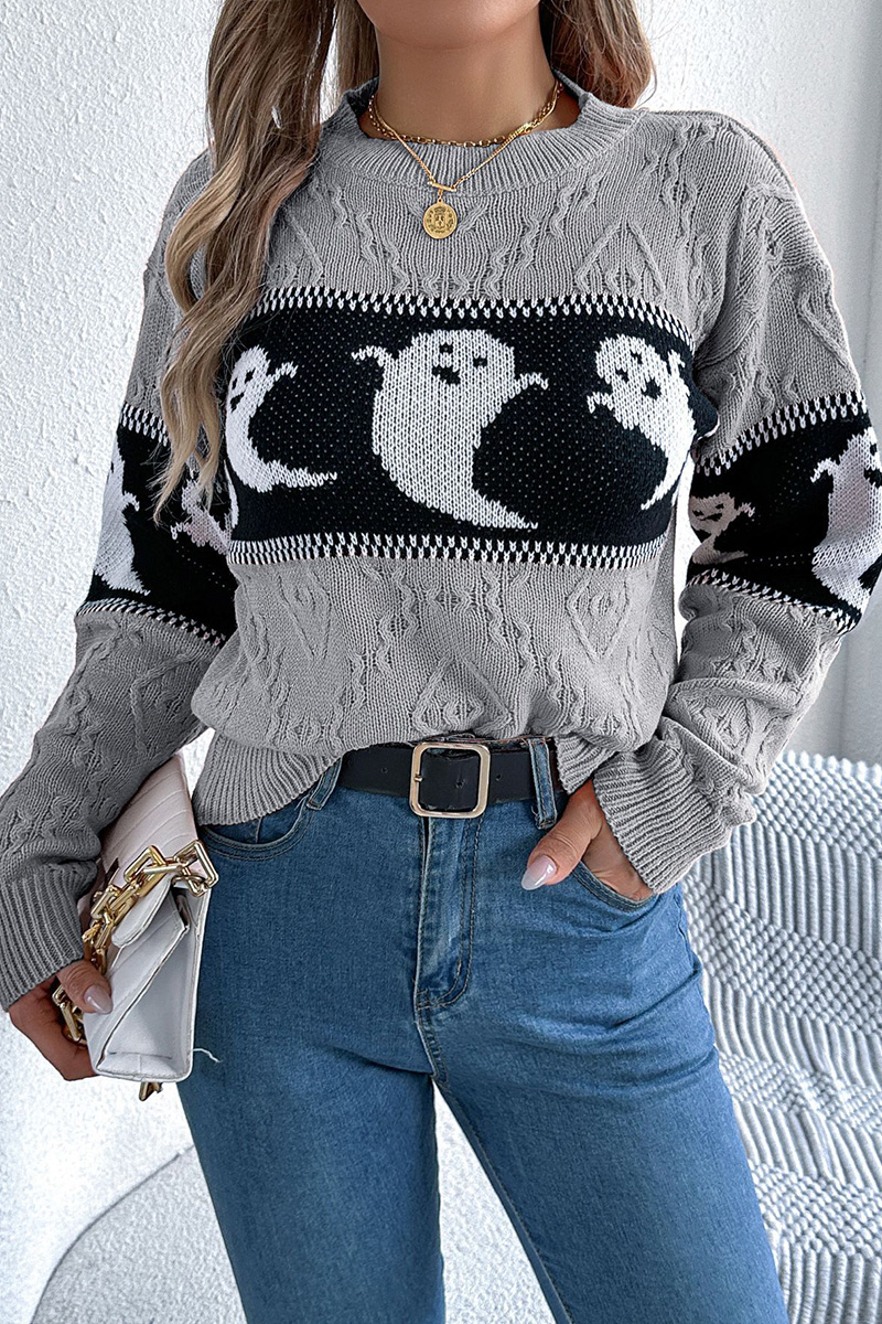 Women Halloween Ghost Pumpkin Contrast Long Sleeve Pullover Sweater