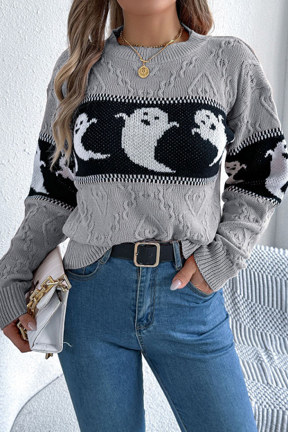 Women Halloween Ghost Pumpkin Contrast Long Sleeve Pullover Sweater