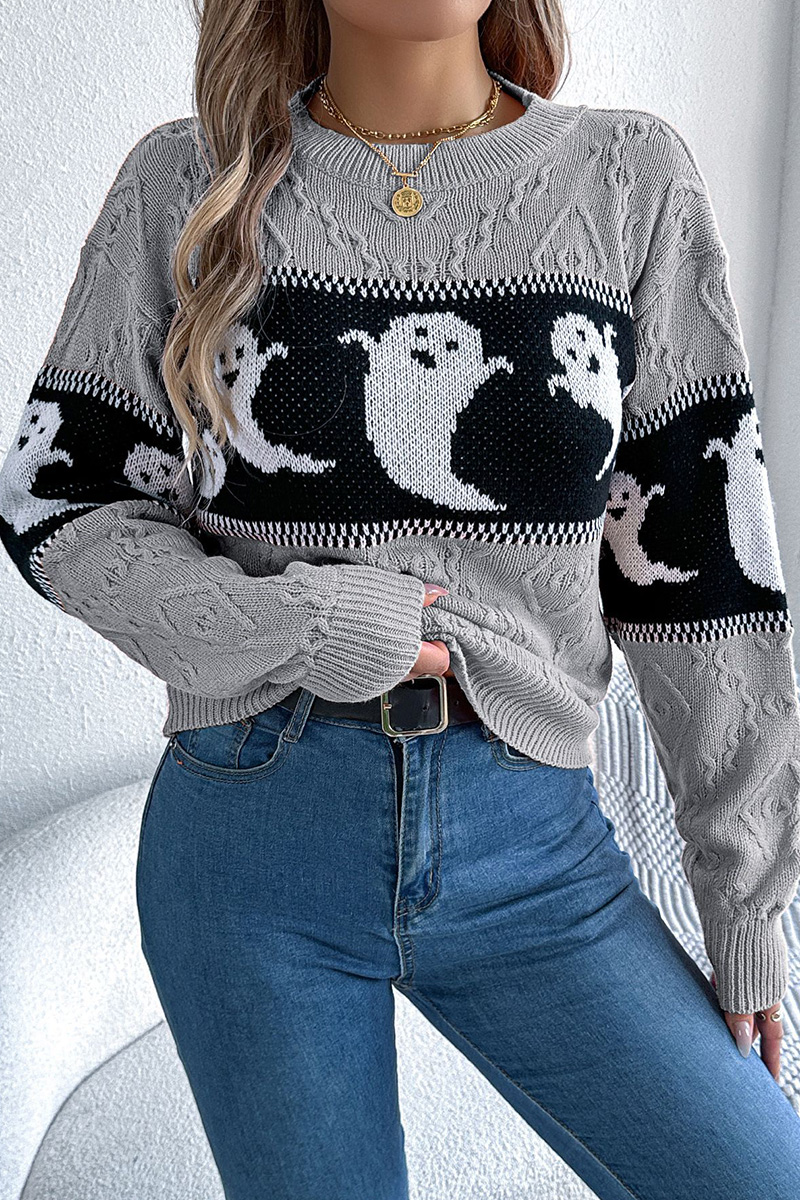 Women Halloween Ghost Pumpkin Contrast Long Sleeve Pullover Sweater