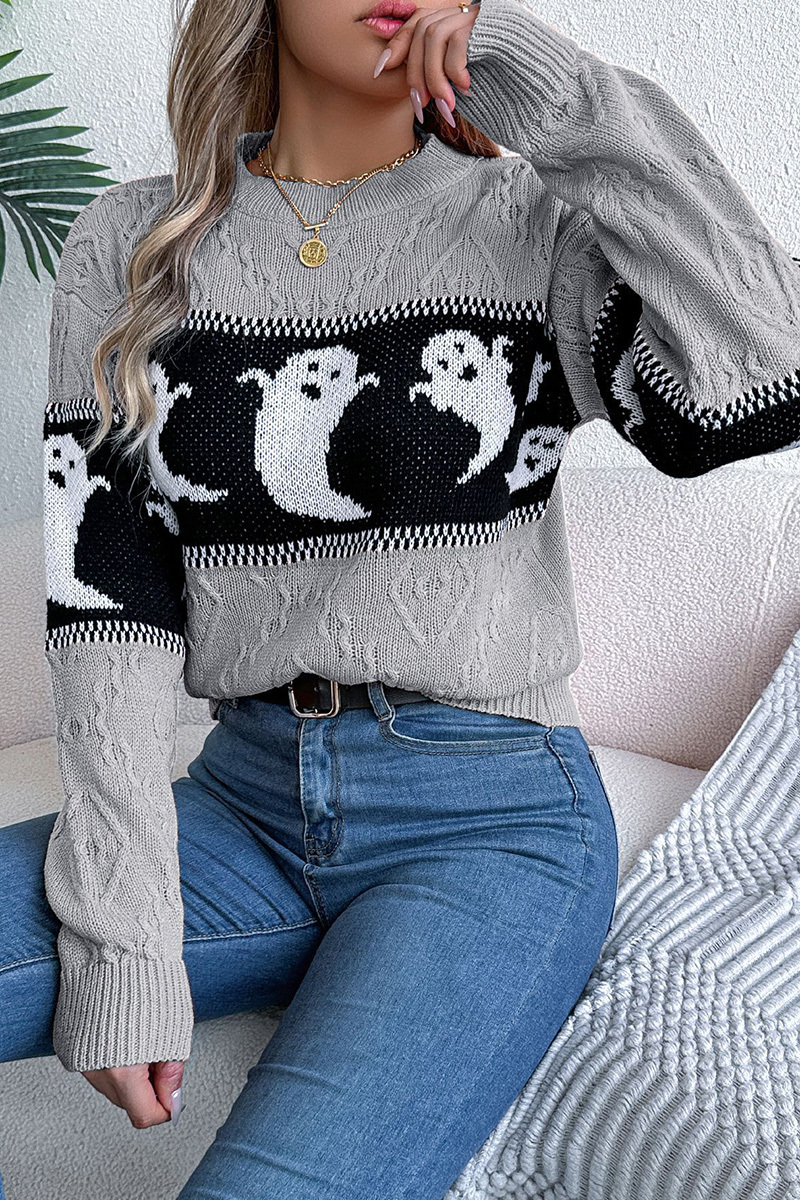 Women Halloween Ghost Pumpkin Contrast Long Sleeve Pullover Sweater