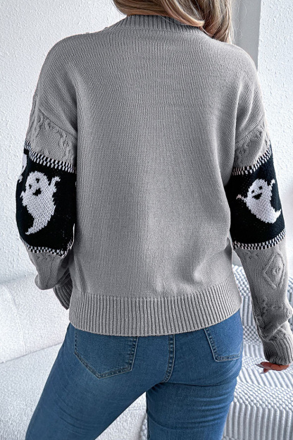 Women Halloween Ghost Pumpkin Contrast Long Sleeve Pullover Sweater