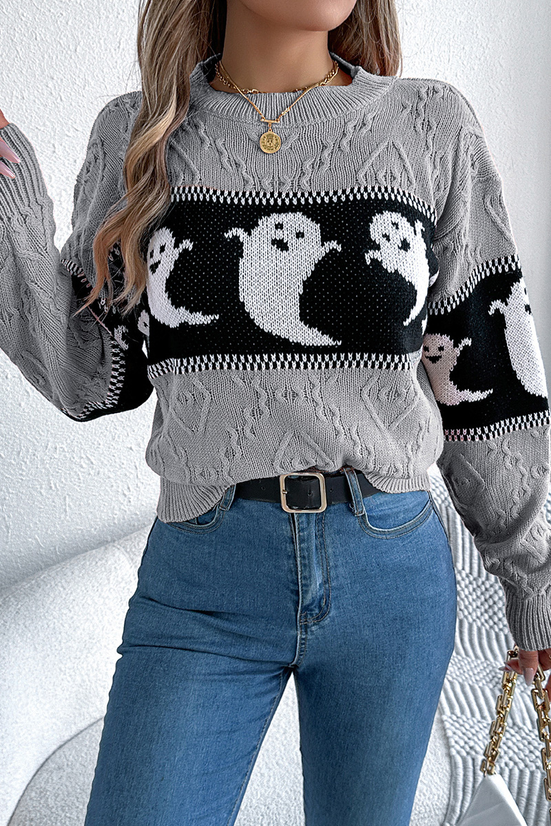 Women Halloween Ghost Pumpkin Contrast Long Sleeve Pullover Sweater