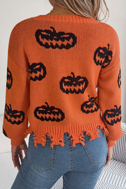 Women Halloween Contrast Color Pumpkin Cut Long Sleeve Pullover Sweater