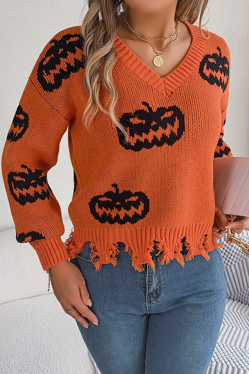 Women Halloween Contrast Color Pumpkin Cut Long Sleeve Pullover Sweater