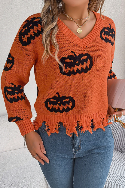 Women Halloween Contrast Color Pumpkin Cut Long Sleeve Pullover Sweater