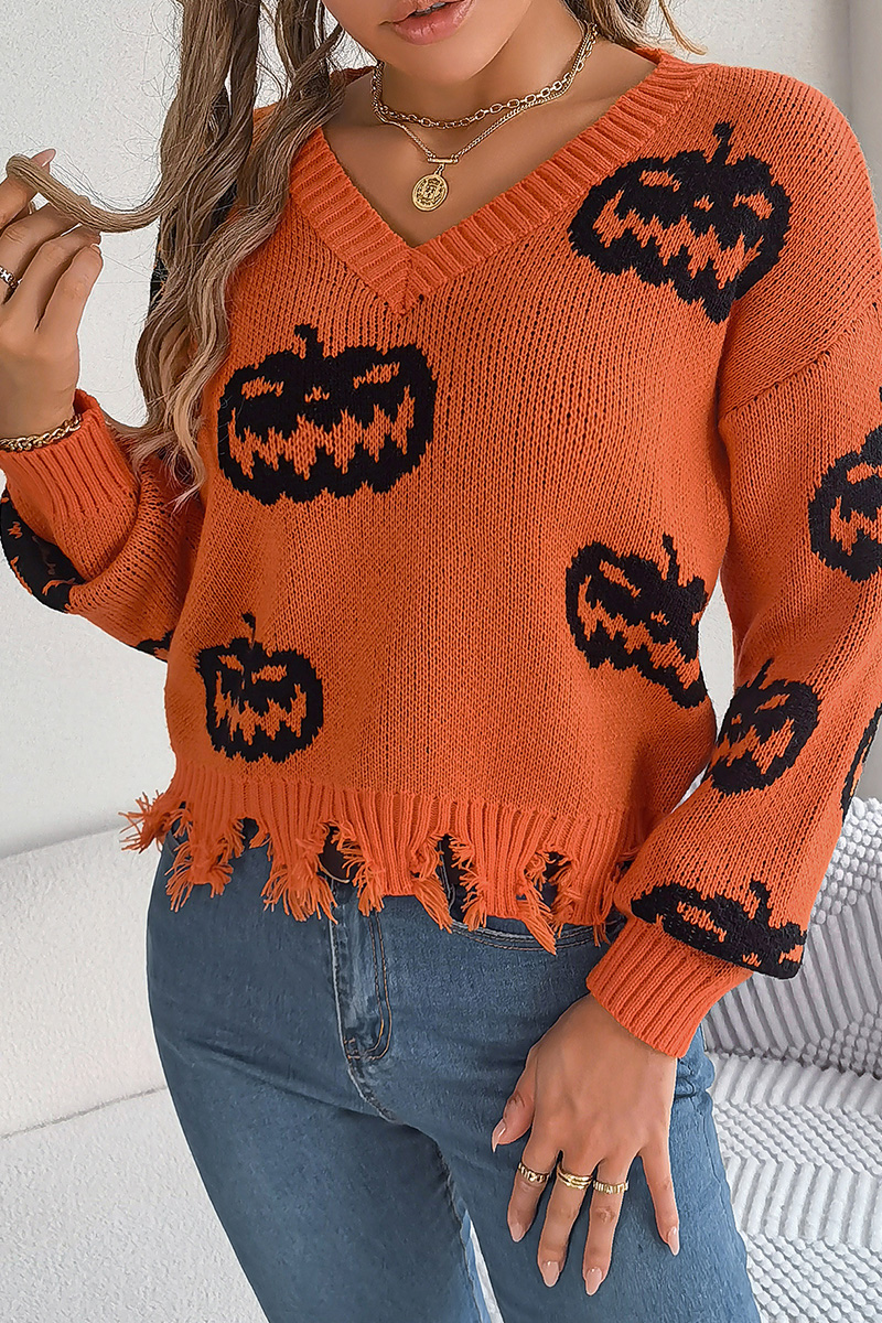 Women Halloween Contrast Color Pumpkin Cut Long Sleeve Pullover Sweater