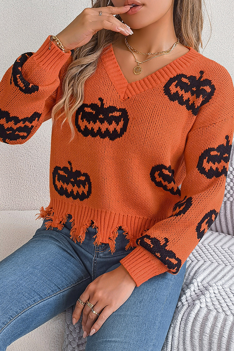 Women Halloween Contrast Color Pumpkin Cut Long Sleeve Pullover Sweater