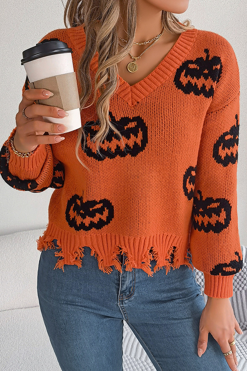 Women Halloween Contrast Color Pumpkin Cut Long Sleeve Pullover Sweater