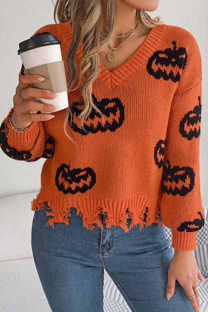 Women Halloween Contrast Color Pumpkin Cut Long Sleeve Pullover Sweater