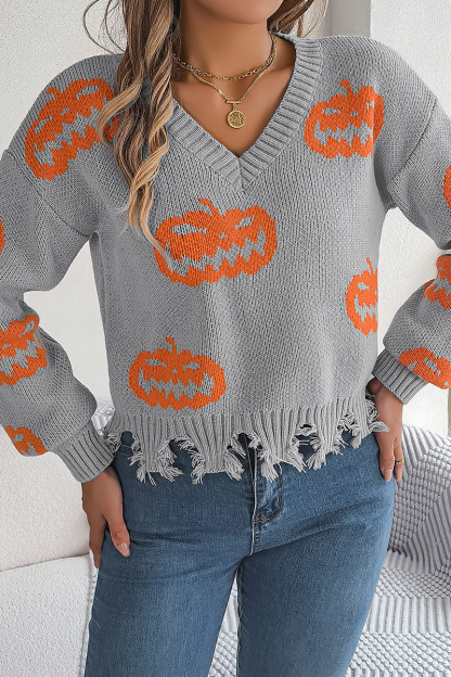 Women Halloween Contrast Color Pumpkin Cut Long Sleeve Pullover Sweater