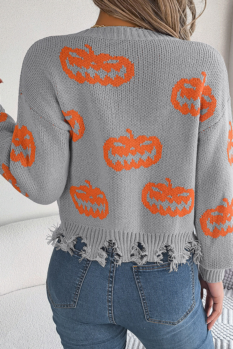 Women Halloween Contrast Color Pumpkin Cut Long Sleeve Pullover Sweater