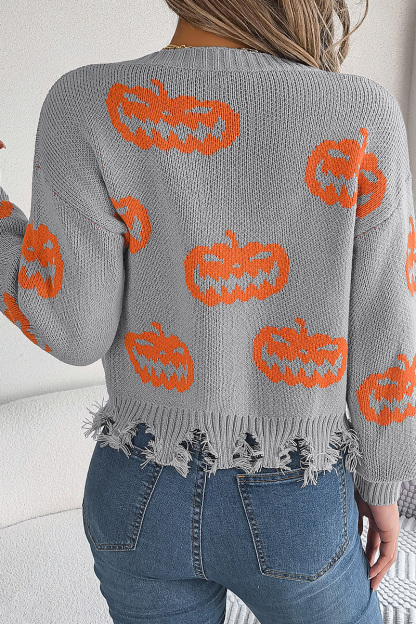 Women Halloween Contrast Color Pumpkin Cut Long Sleeve Pullover Sweater