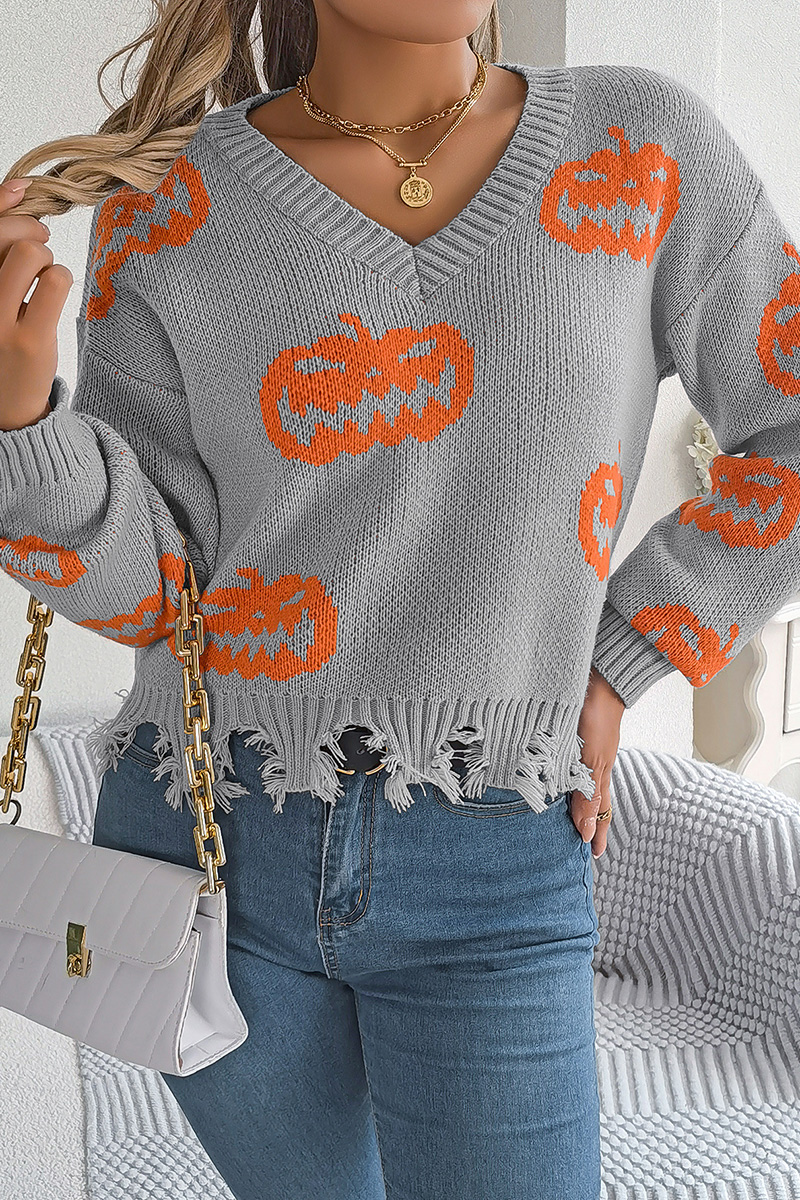 Women Halloween Contrast Color Pumpkin Cut Long Sleeve Pullover Sweater