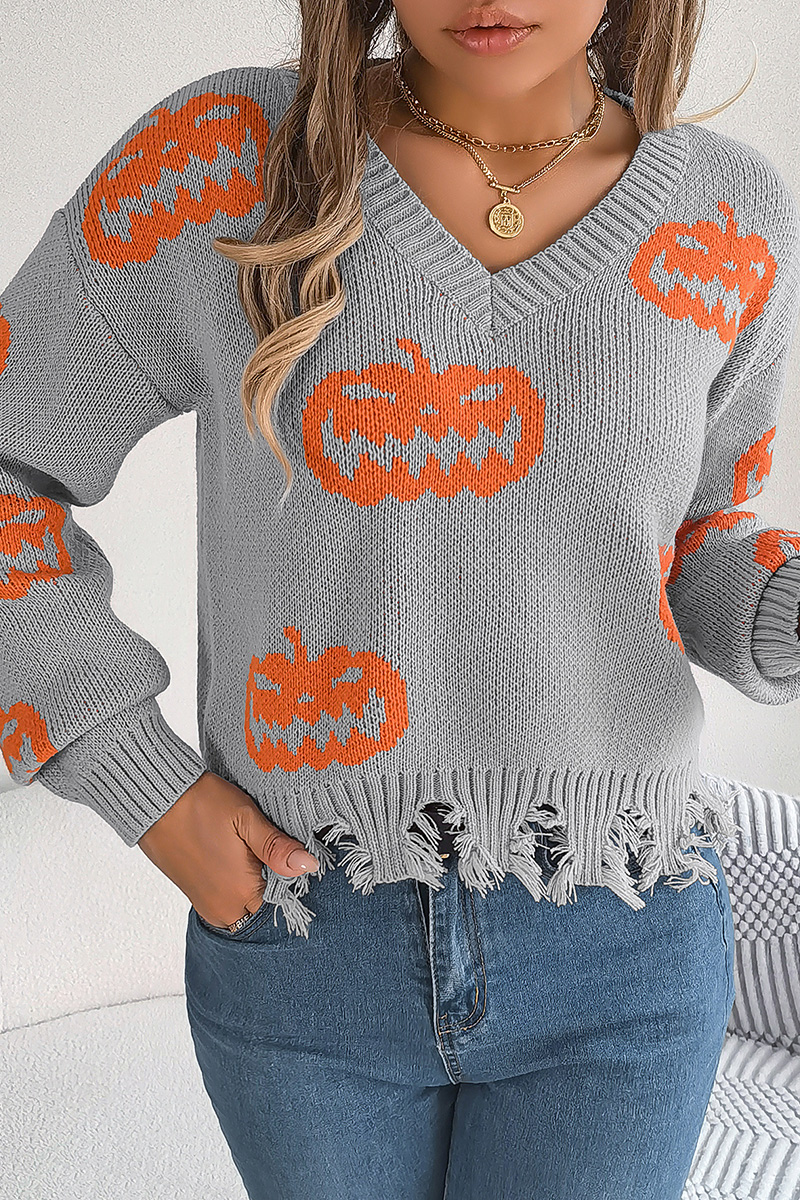Women Halloween Contrast Color Pumpkin Cut Long Sleeve Pullover Sweater
