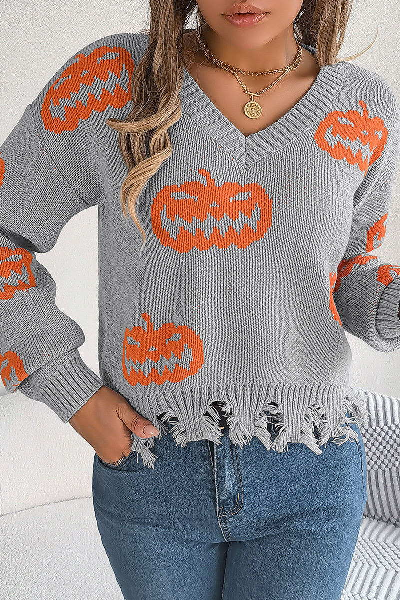 Women Halloween Contrast Color Pumpkin Cut Long Sleeve Pullover Sweater