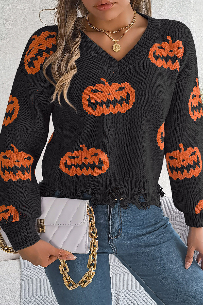 Women Halloween Contrast Color Pumpkin Cut Long Sleeve Pullover Sweater