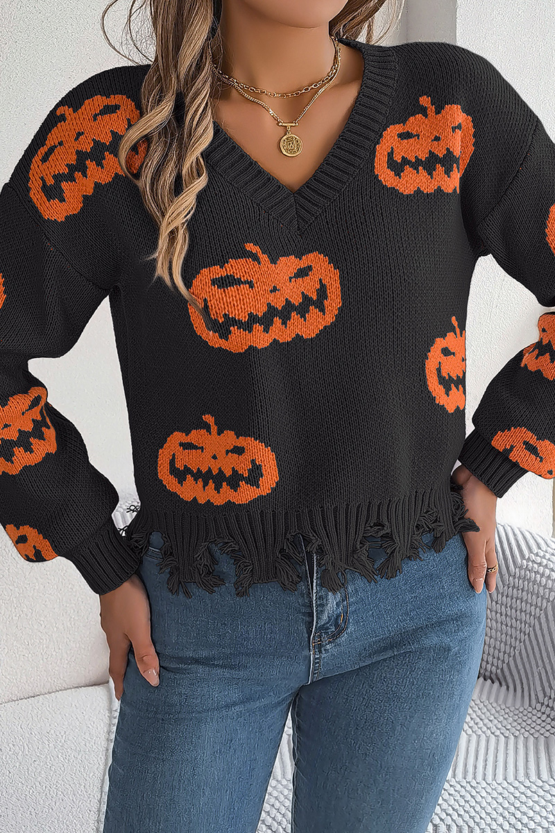 Women Halloween Contrast Color Pumpkin Cut Long Sleeve Pullover Sweater