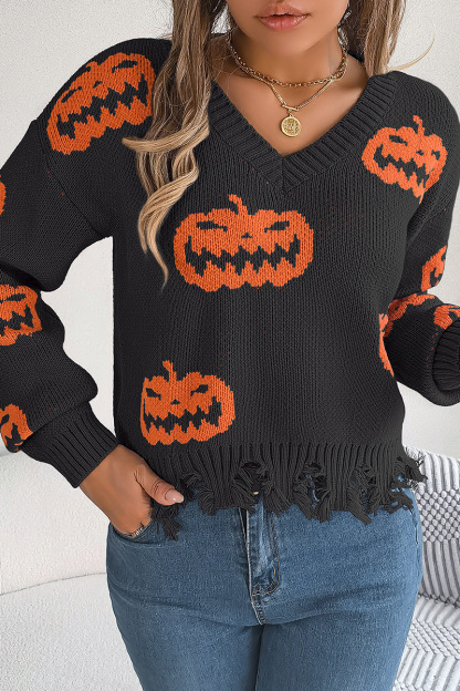 Women Halloween Contrast Color Pumpkin Cut Long Sleeve Pullover Sweater
