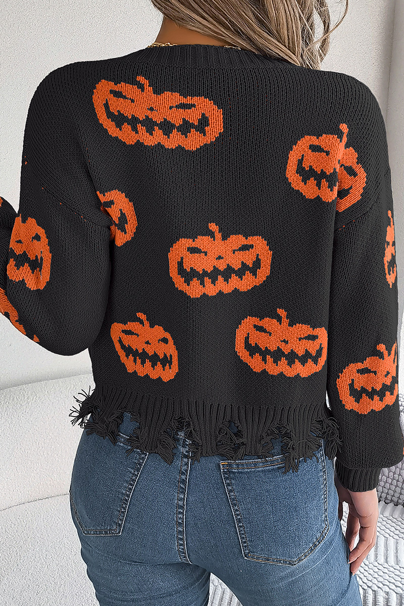 Women Halloween Contrast Color Pumpkin Cut Long Sleeve Pullover Sweater