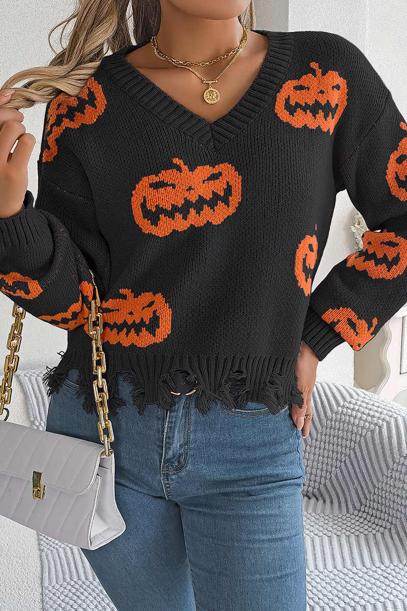 Women Halloween Contrast Color Pumpkin Cut Long Sleeve Pullover Sweater
