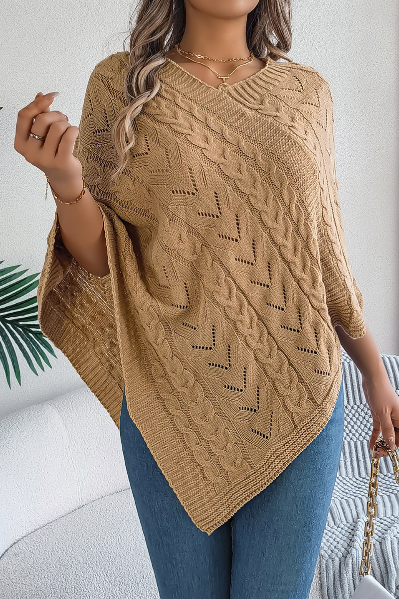 Women Autumn and Winter Casual Solid Color Cable Knit Loose Poncho Sweater