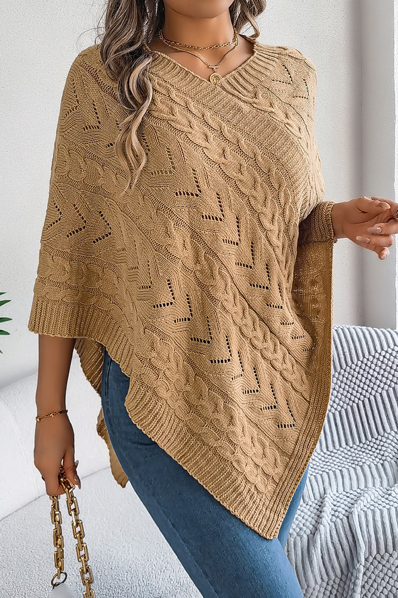 Women Autumn and Winter Casual Solid Color Cable Knit Loose Poncho Sweater