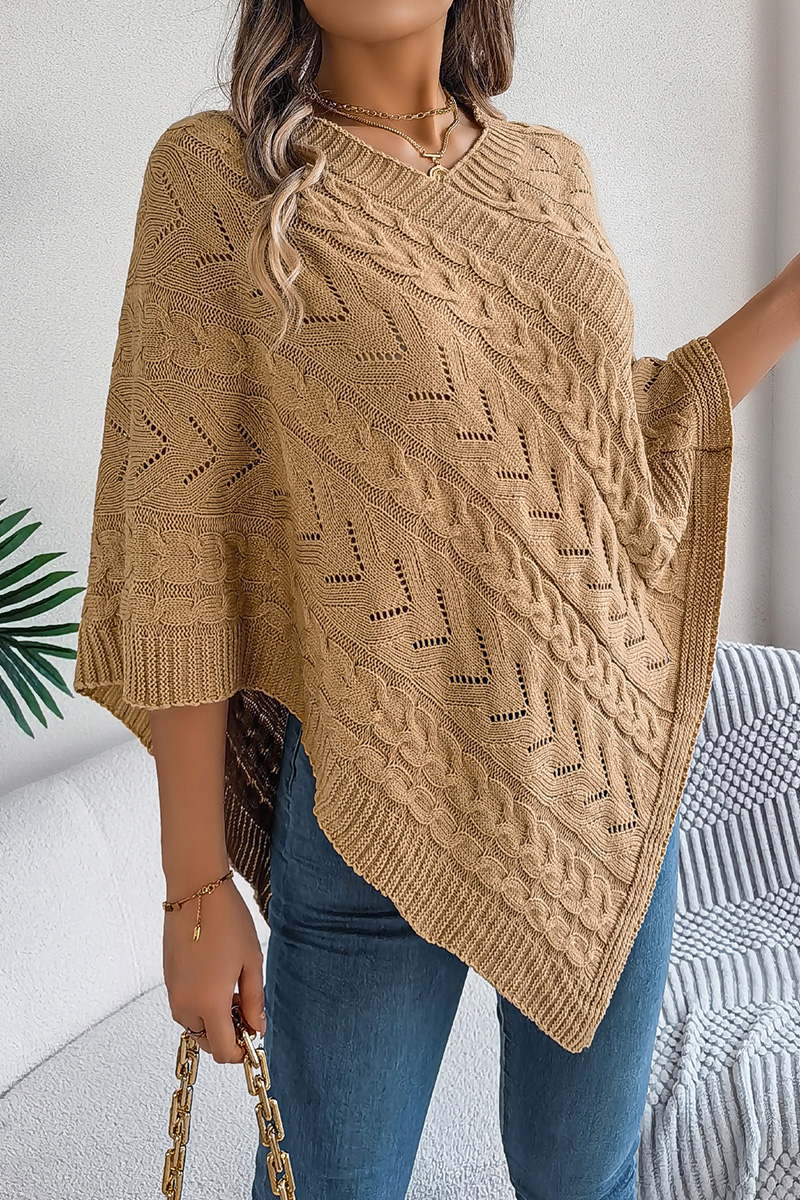 Women Autumn and Winter Casual Solid Color Cable Knit Loose Poncho Sweater