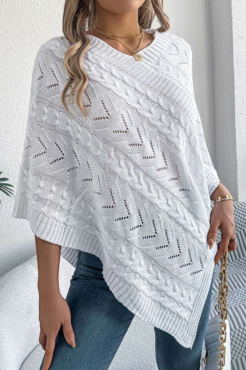 Women Autumn and Winter Casual Solid Color Cable Knit Loose Poncho Sweater
