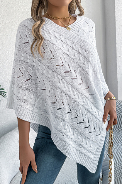 Women Autumn and Winter Casual Solid Color Cable Knit Loose Poncho Sweater