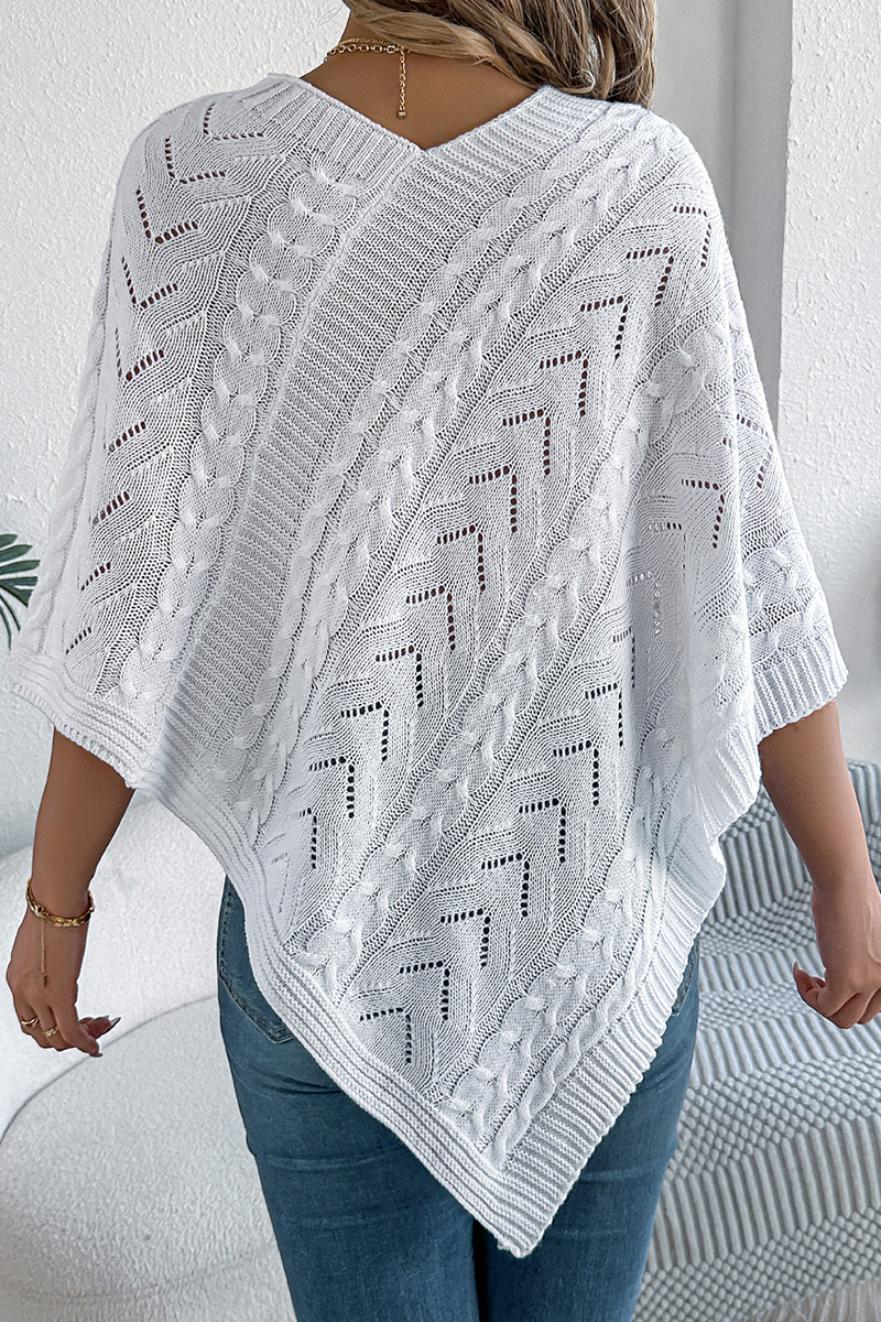 Women Autumn and Winter Casual Solid Color Cable Knit Loose Poncho Sweater