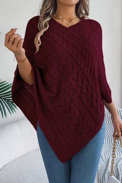 Women Autumn and Winter Casual Solid Color Cable Knit Loose Poncho Sweater