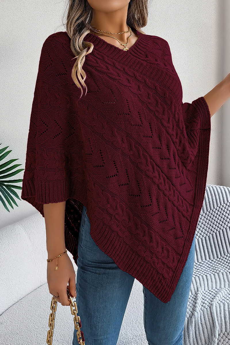 Women Autumn and Winter Casual Solid Color Cable Knit Loose Poncho Sweater