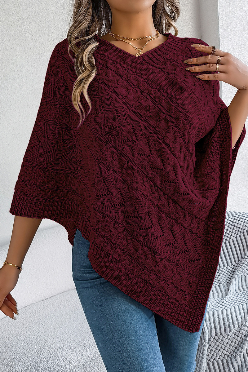 Women Autumn and Winter Casual Solid Color Cable Knit Loose Poncho Sweater