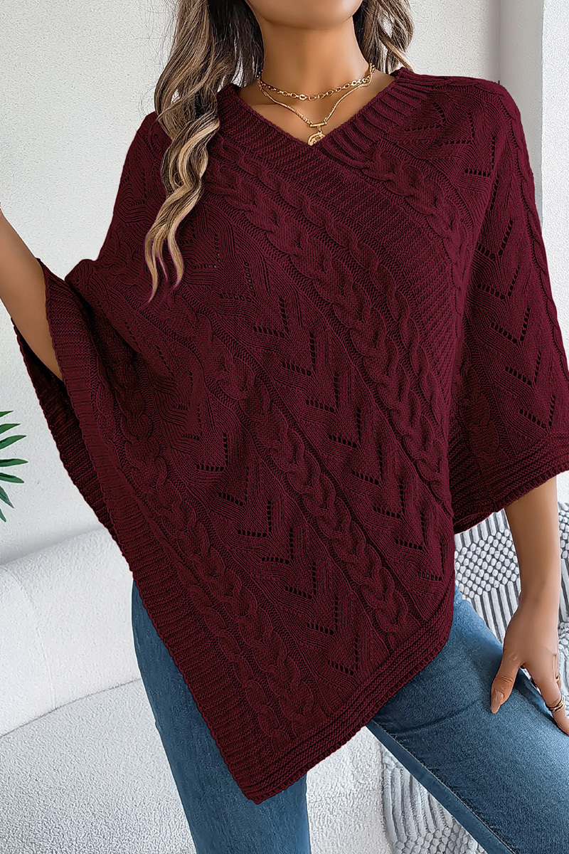Women Autumn and Winter Casual Solid Color Cable Knit Loose Poncho Sweater