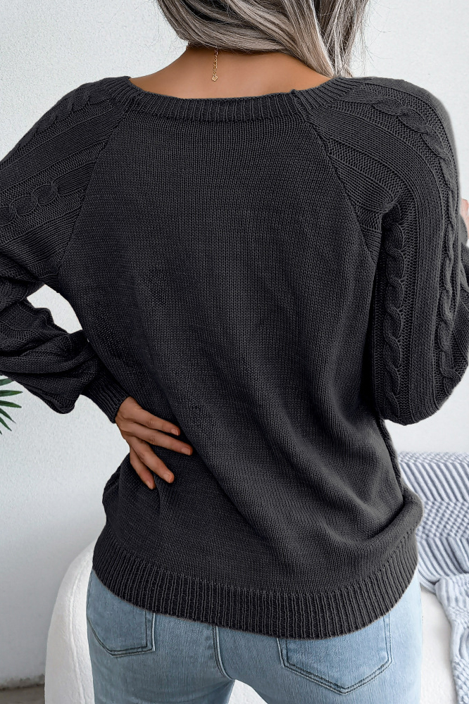 Women Casual Square Neck Buttoned Cable Knit Pullover Sweater