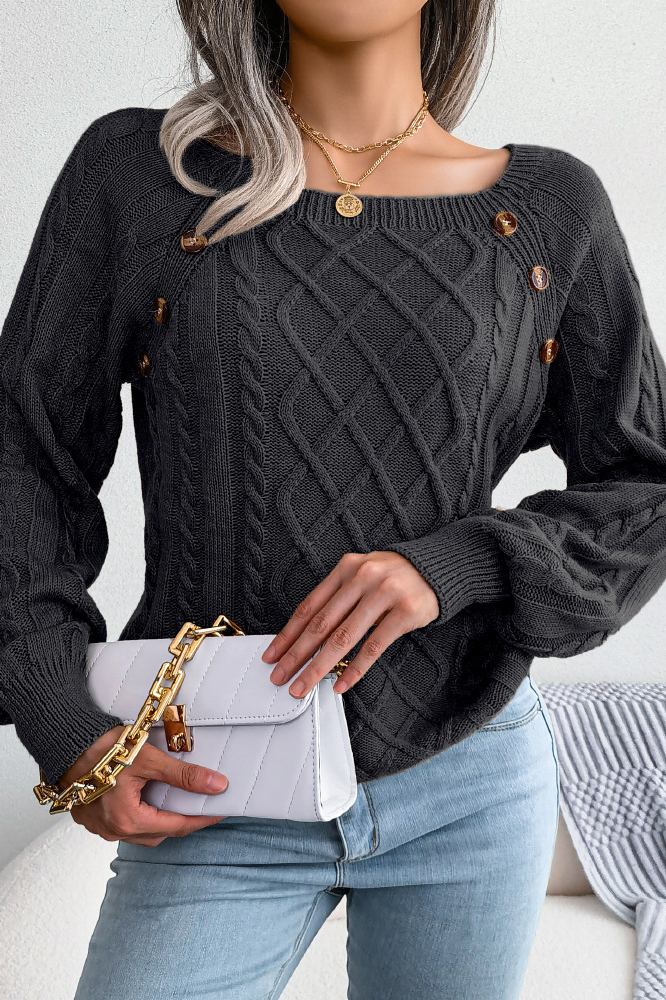 Women Casual Square Neck Buttoned Cable Knit Pullover Sweater
