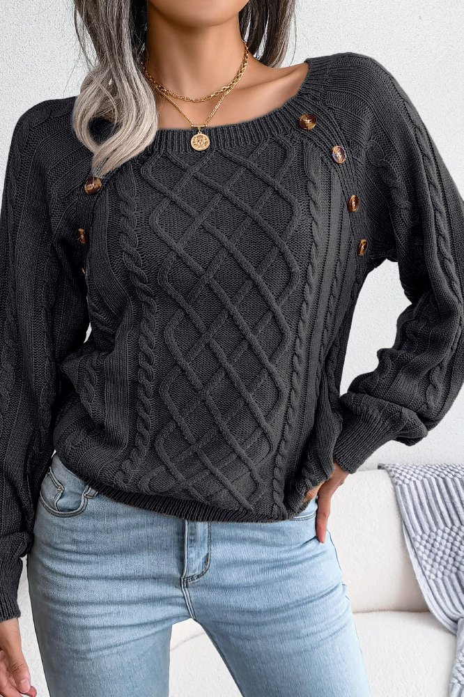 Women Casual Square Neck Buttoned Cable Knit Pullover Sweater
