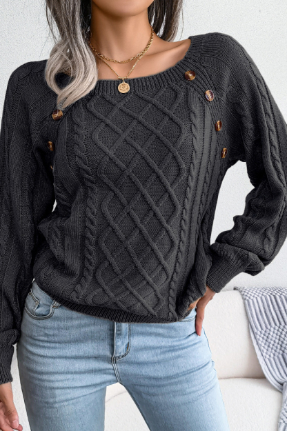 Women Casual Square Neck Buttoned Cable Knit Pullover Sweater